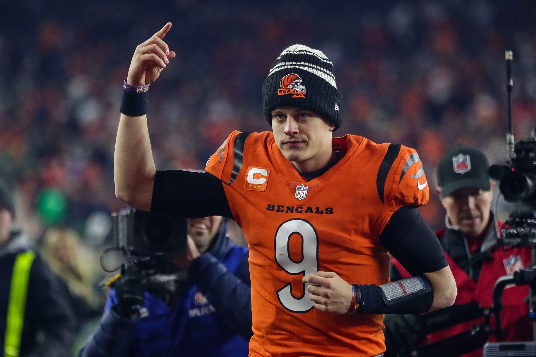 Joe Burrow (9) runs off the field after the victory over the Kansas City Chiefs at Paycor Stadium.