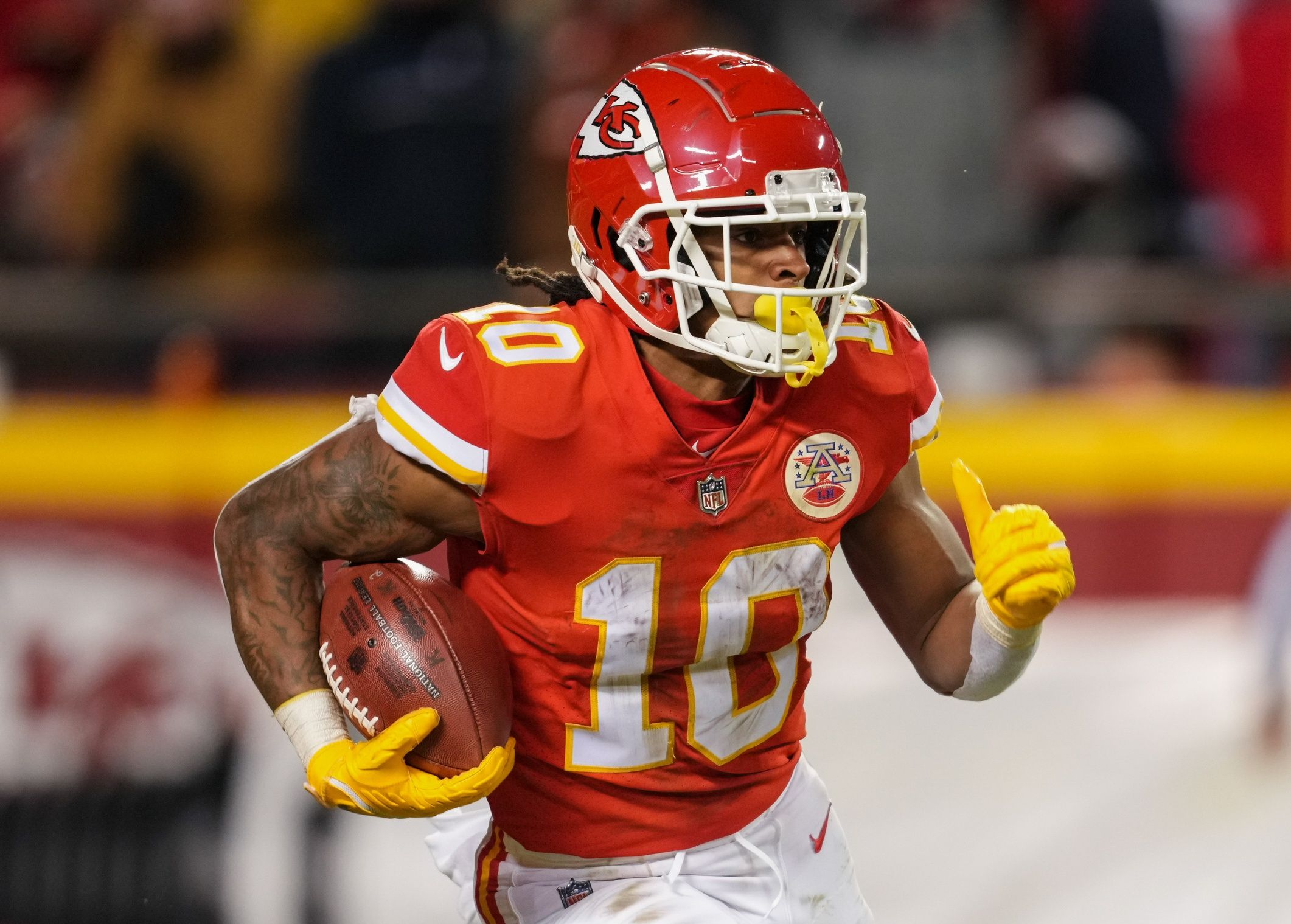 Isiah Pacheco (10) returns a kickoff during the second half of the AFC Championship Game against the Cincinnati Bengals at GEHA Field at Arrowhead Stadium.