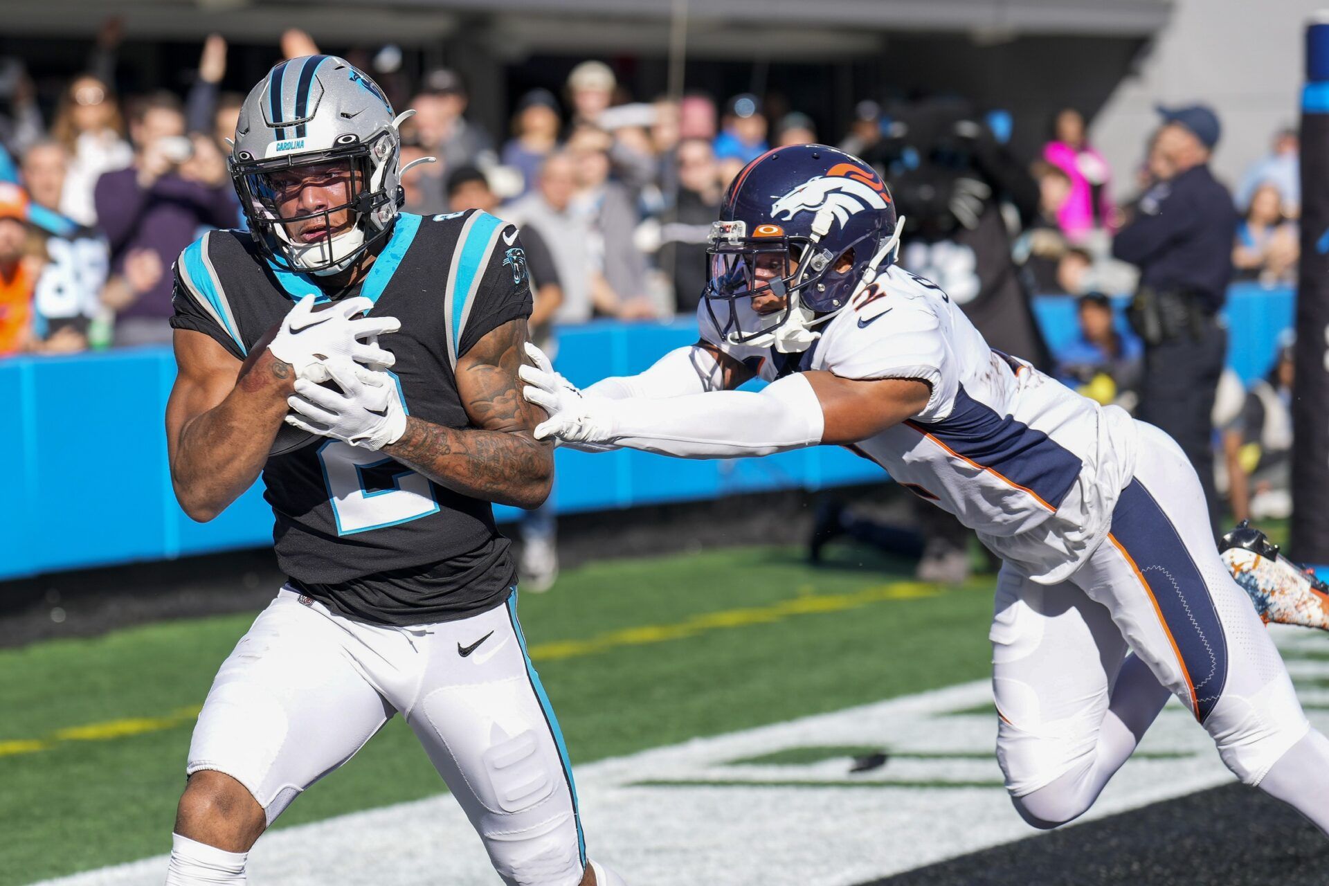 Wide receiver DJ Moore (2) catches a touchdown against the Denver Broncos.