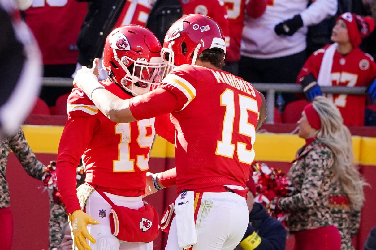 Kadarius Toney (19) celebrates with quarterback Patrick Mahomes (15) after a touchdown against the Jacksonville Jaguars during the first half of the game at GEHA Field at Arrowhead Stadium.