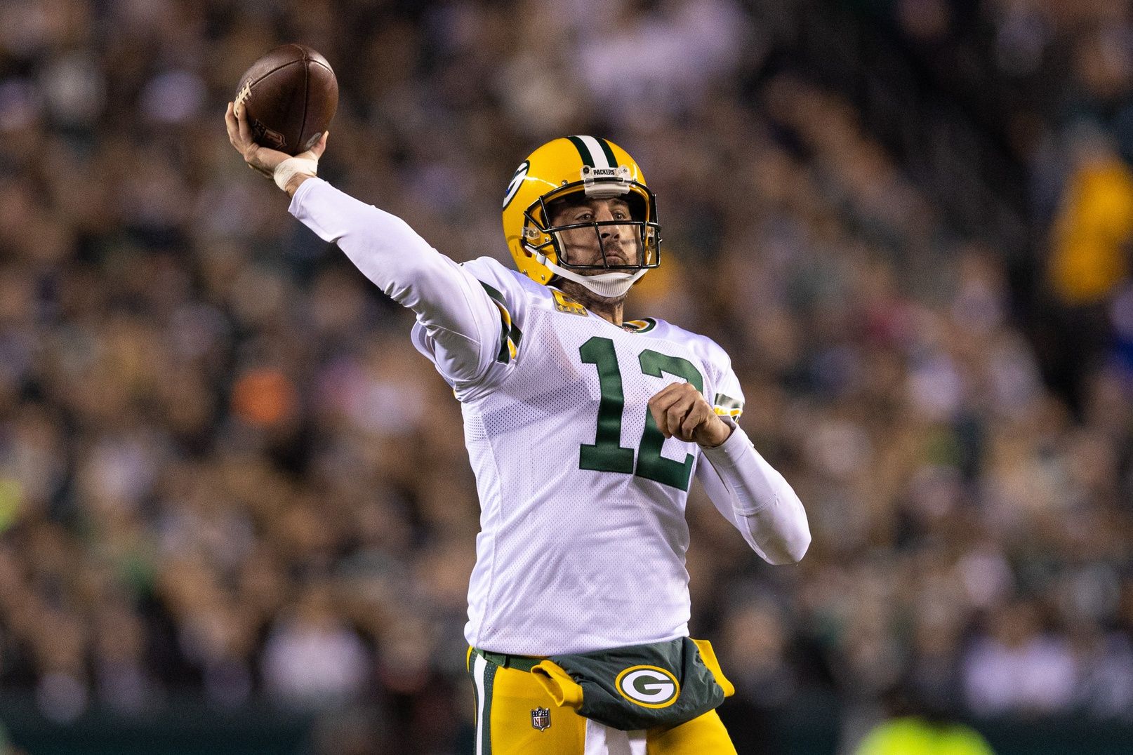 Aaron Rodgers (12) passes the ball against the Philadelphia Eagles during the second quarter at Lincoln Financial Field.