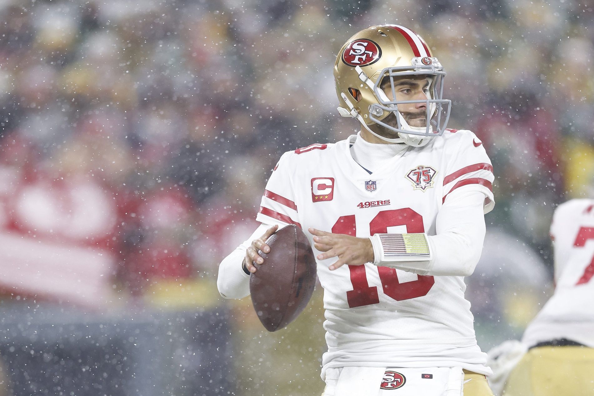 Quarterback Jimmy Garoppolo (10) throws a pass against Green Bay in the NFC Divisional Round.