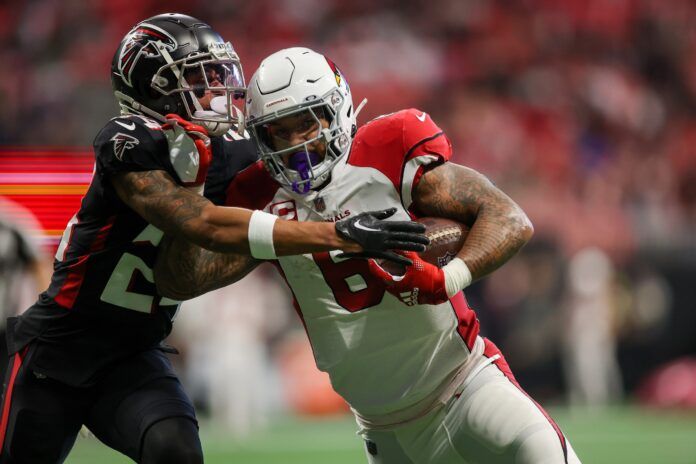 James Conner (6) is tackled by Atlanta Falcons cornerback A.J. Terrell (24) in the first half at Mercedes-Benz Stadium.