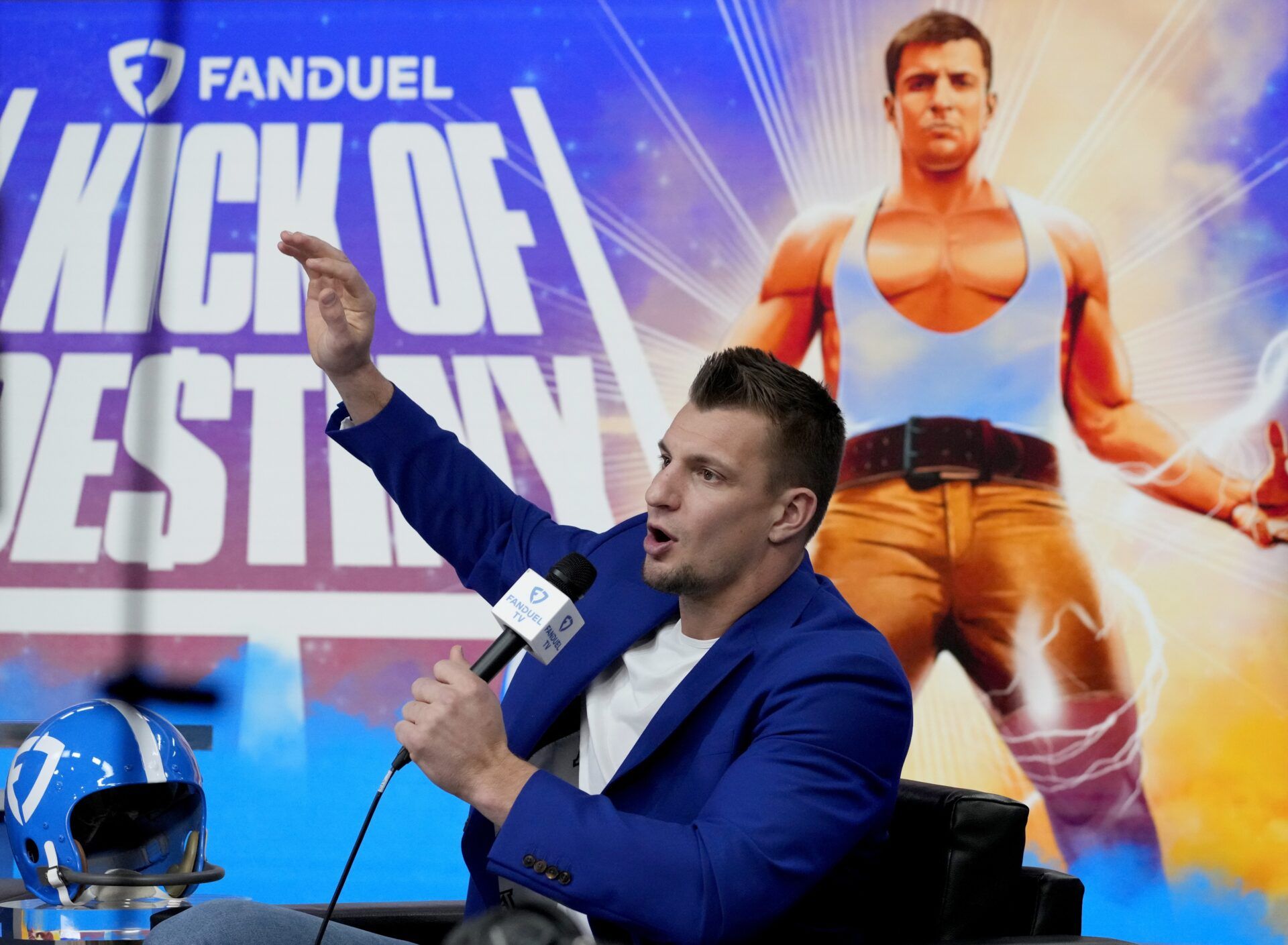 Rob Gronkowski talks about the Kick of Destiny during a press conference at the Phoenix Convention Center.