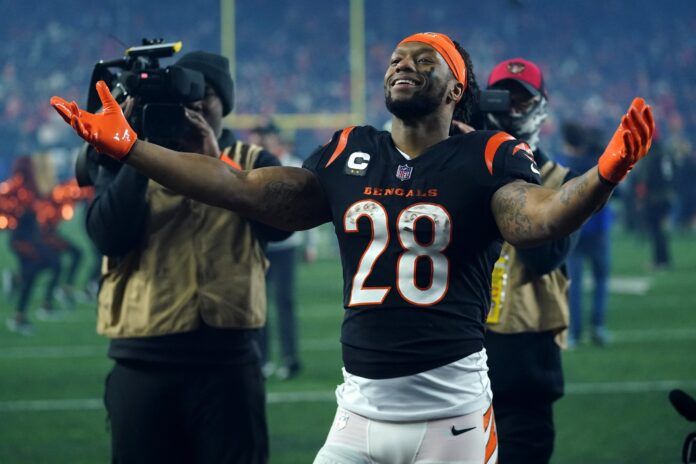 Joe Mixon (28) celebrates the win at the conclusion of an NFL Wild Card football game between the Baltimore Ravens and the Cincinnati Bengals.