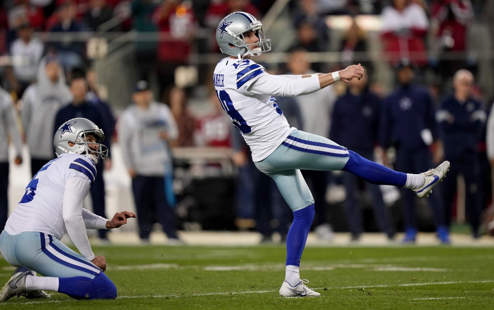 Brett Maher kicks a field goal during the Divisional Round matchup against the 49ers.