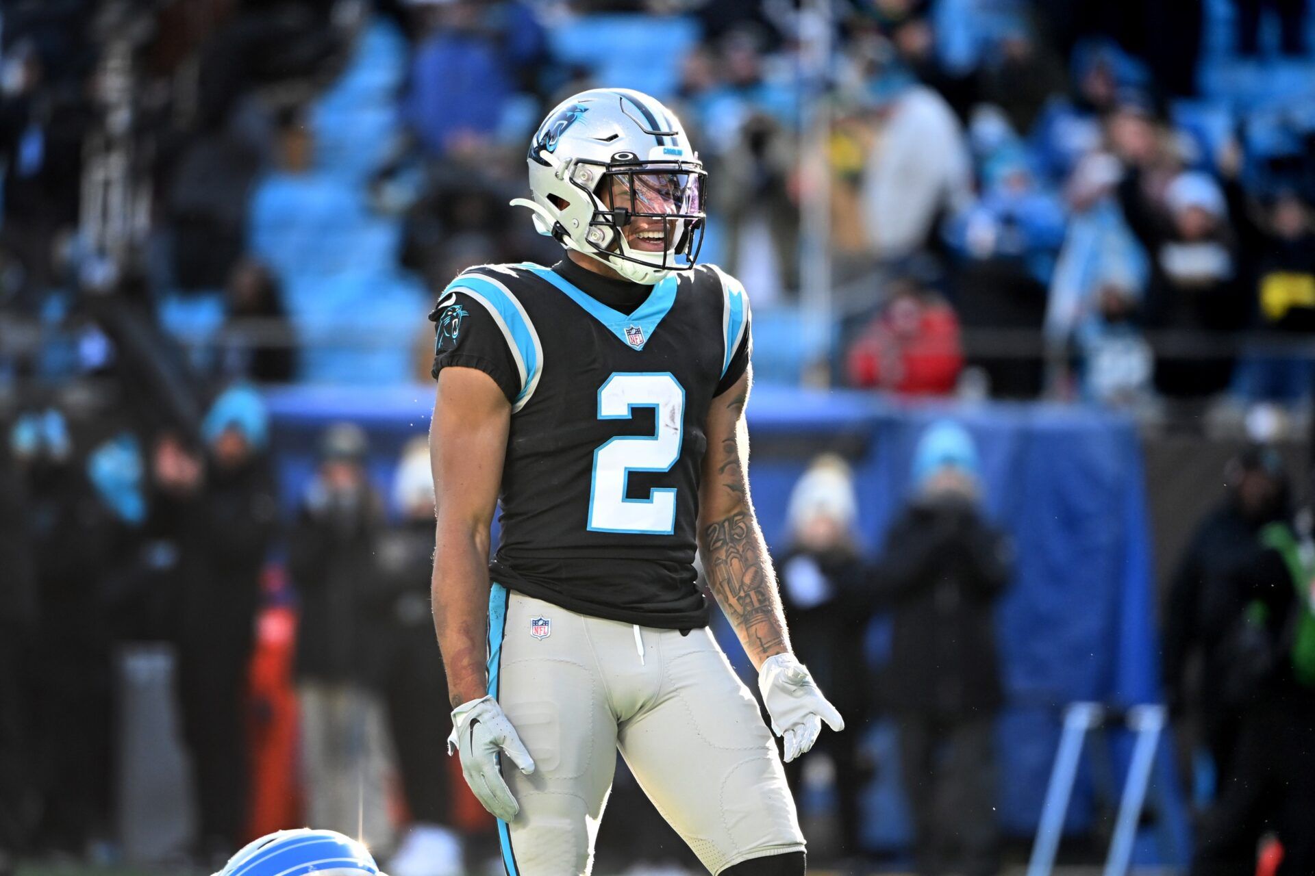 Wide receiver DJ Moore smiles after making a long reception while with the Carolina Panthers.