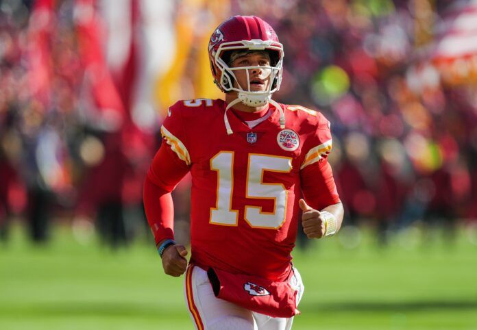 Patrick Mahomes (15) takes the field prior to a game against the Jacksonville Jaguars at GEHA Field at Arrowhead Stadium.