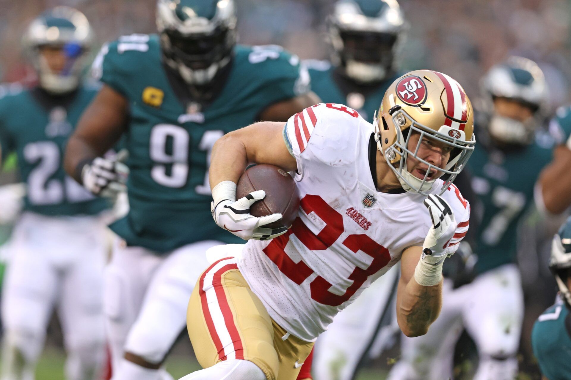 San Francisco 49ers RB Christian McCaffrey (23) runs the ball against Philadelphia.