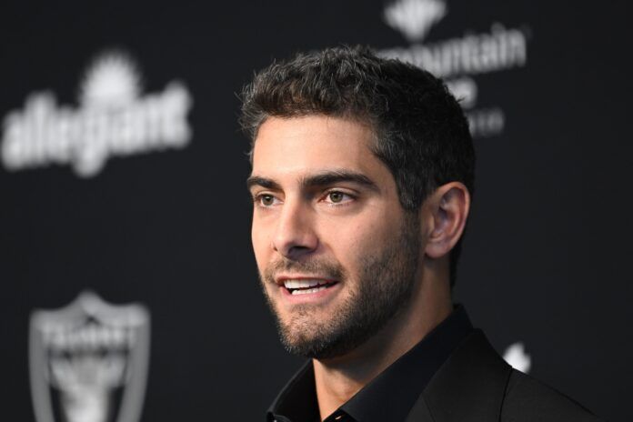 Quarterback Jimmy Garoppolo speaking to the media shortly after signing with the Las Vegas Raiders.