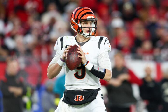 Joe Burrow (9) drops back to pass against the Tampa Bay Buccaneers in the second quarter at Raymond James Stadium.