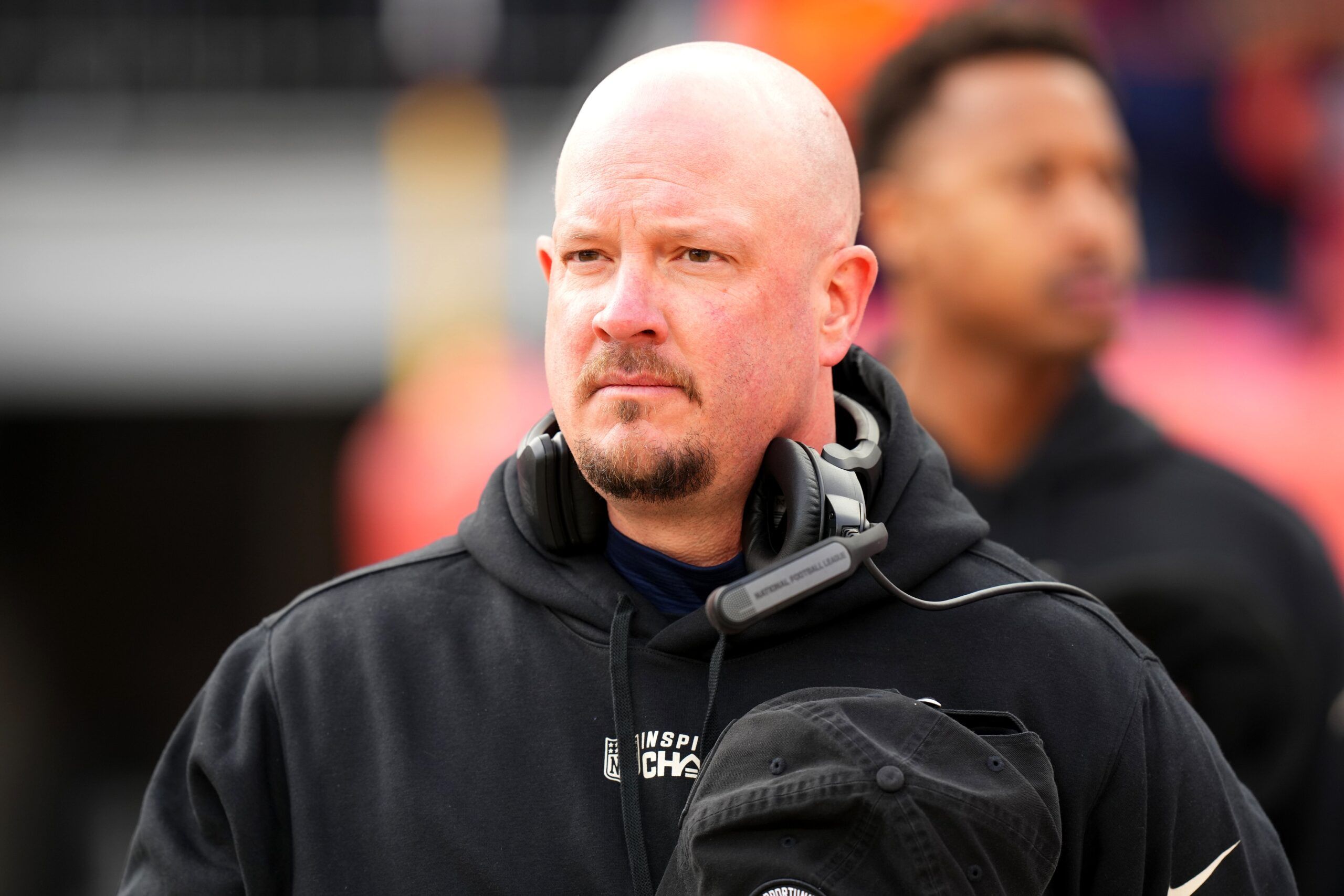 Former Denver Broncos head coach and current Jets offensive coordinator Nathaniel Hackett before the game against the Arizona Cardinals at Empower Field at Mile High.