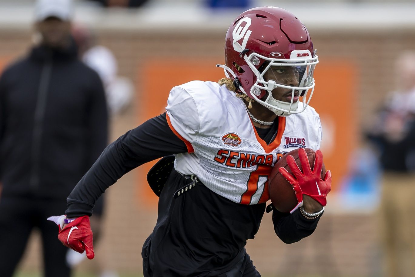 Running back Eric Gray running drills during Senior Bowl practice.