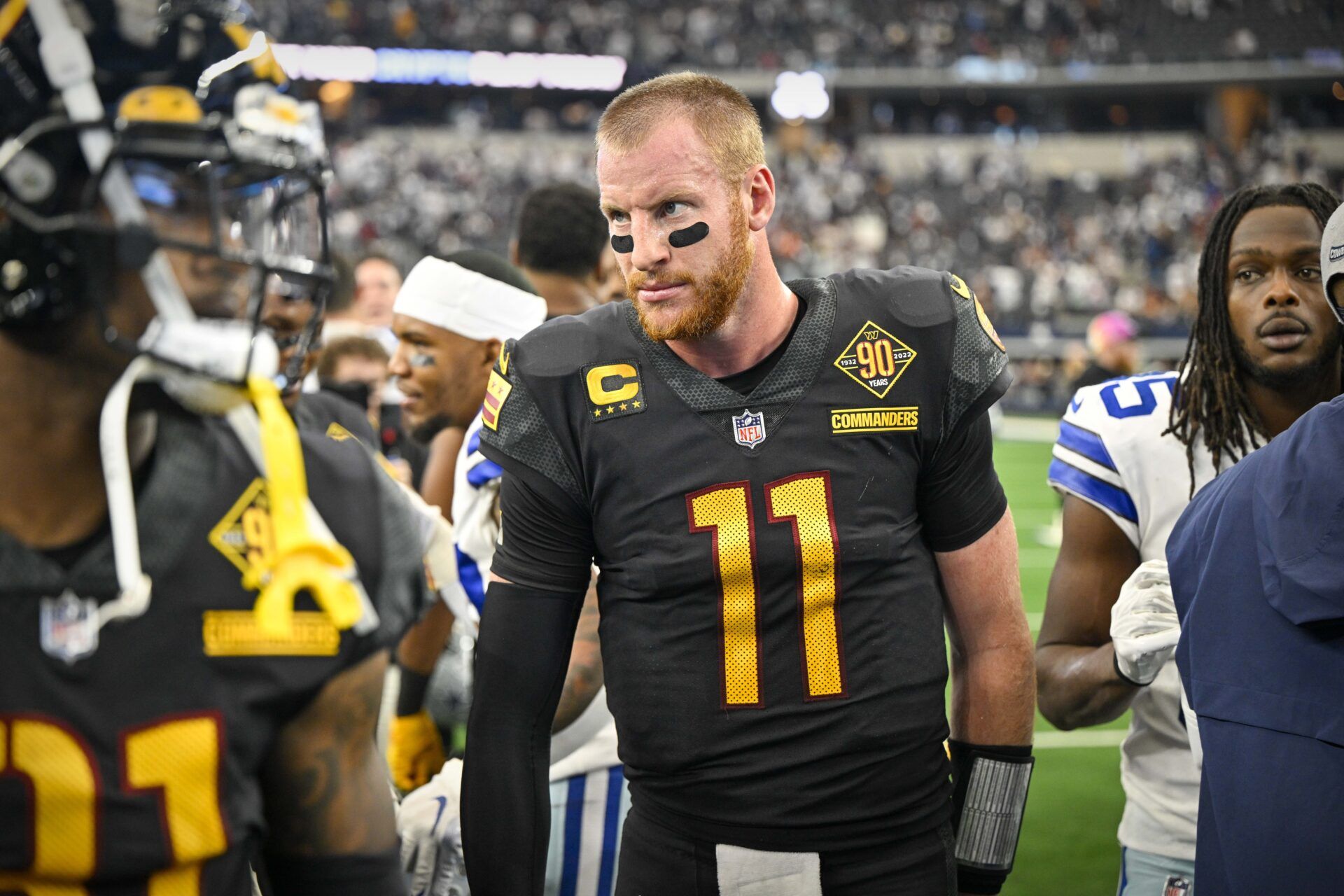 Quarterback Carson Wentz (11) walks off the field after a game against the Dallas Cowboys.