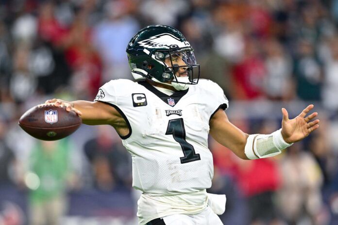 Jalen Hurts (1) throws the ball during the fourth quarter against the Houston Texans at NRG Stadium.