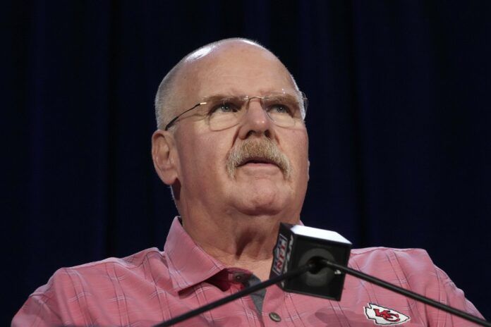 Kansas City Chiefs head coach Andy Reid speaking during a Super Bowl press conference.