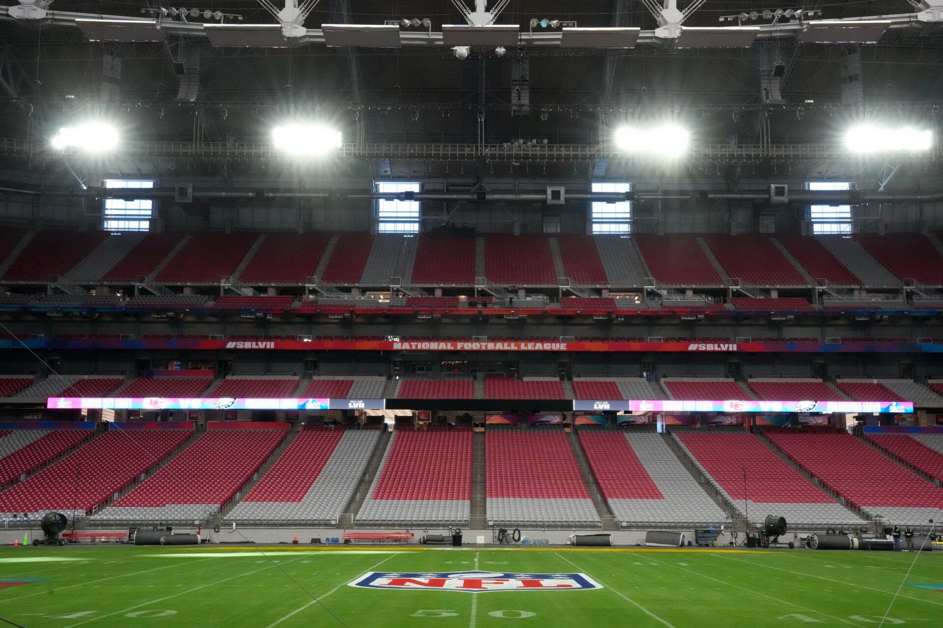 A view of the NFL logo at midfield for Super Bowl 57.