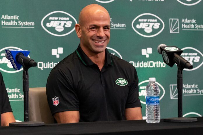 New York Jets head coach Robert Saleh smiles during the introductory press conference for New York Jets quarterback Aaron Rodgers.