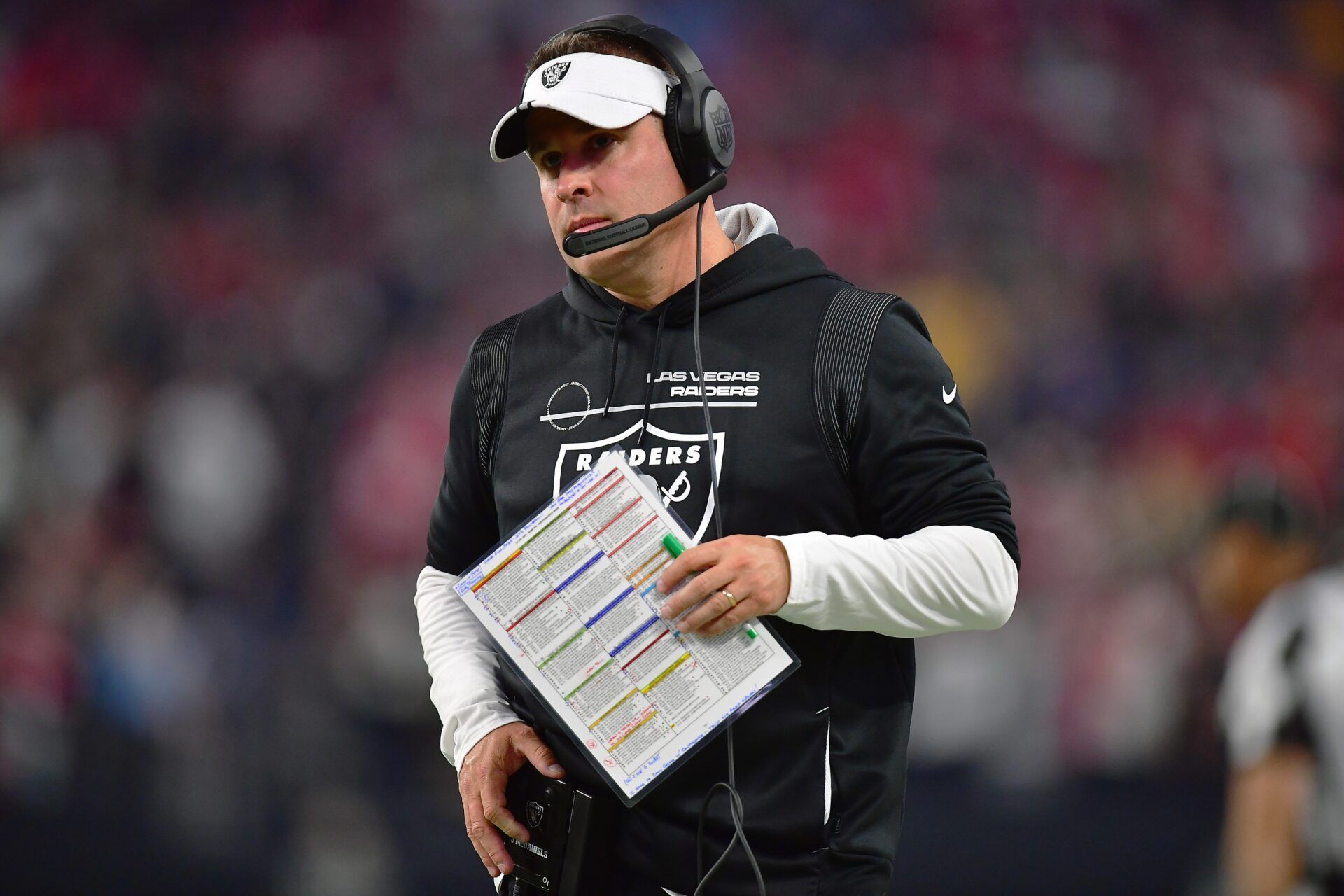 Las Vegas Raiders head coach Josh McDaniels watching game action.