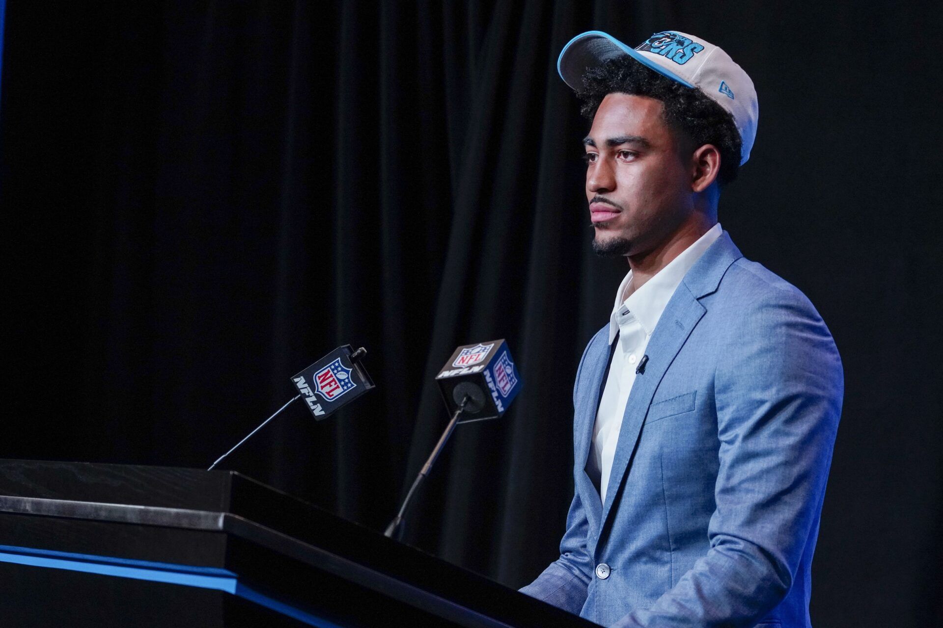 Quarterback Bryce Young answers questions from the media after being selected No. 1 overall by the Carolina Panthers.
