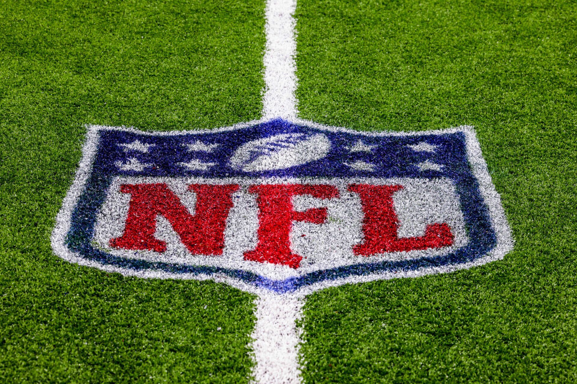 A general view of the NFL shield logo on the field after the game between the New Orleans Saints and the Cincinnati Bengals at Caesars Superdome.