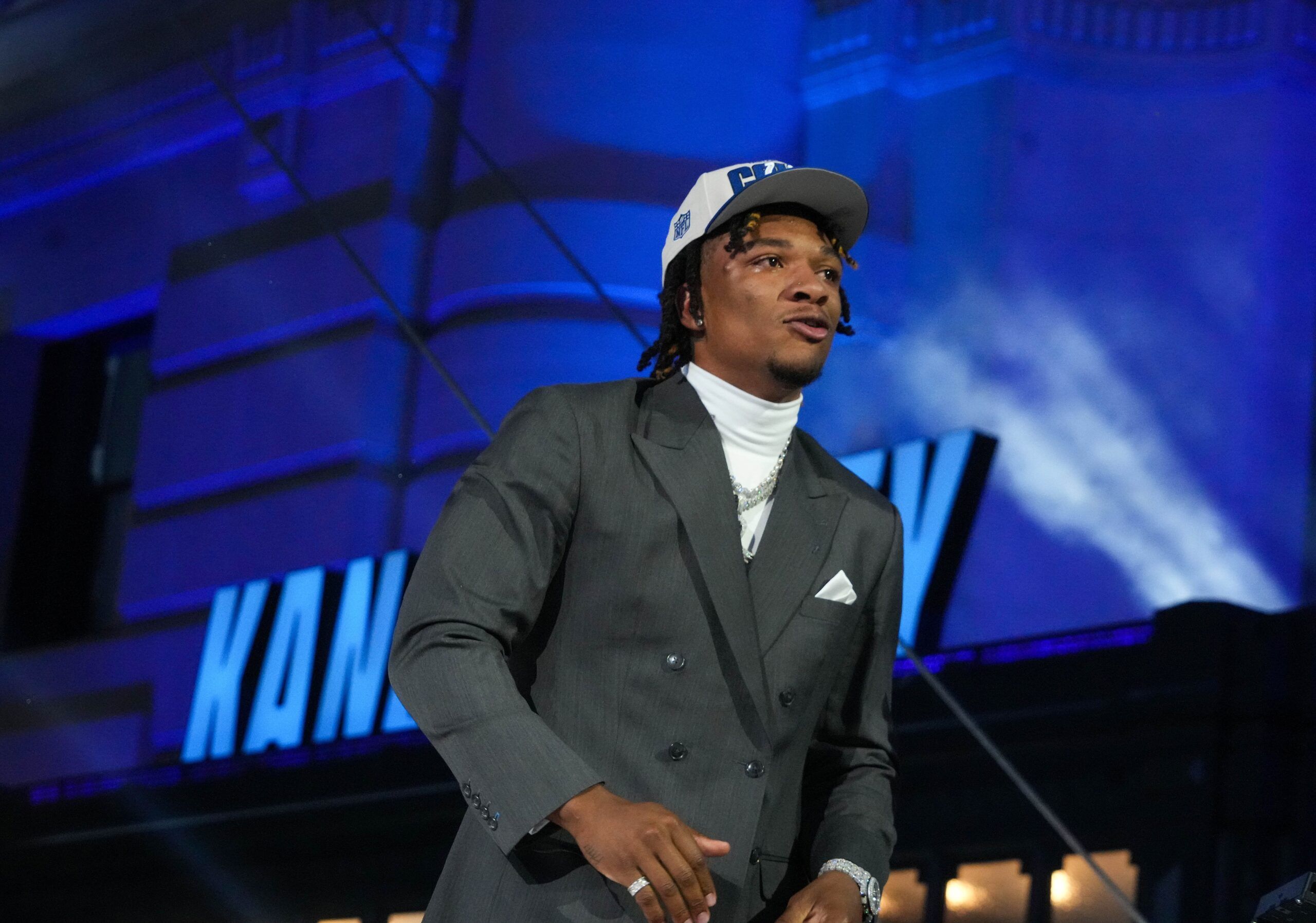 Anthony Richardson reacts after being selected by the Indianapolis Colts fourth overall in the first round of the 2023 NFL Draft at Union Station.