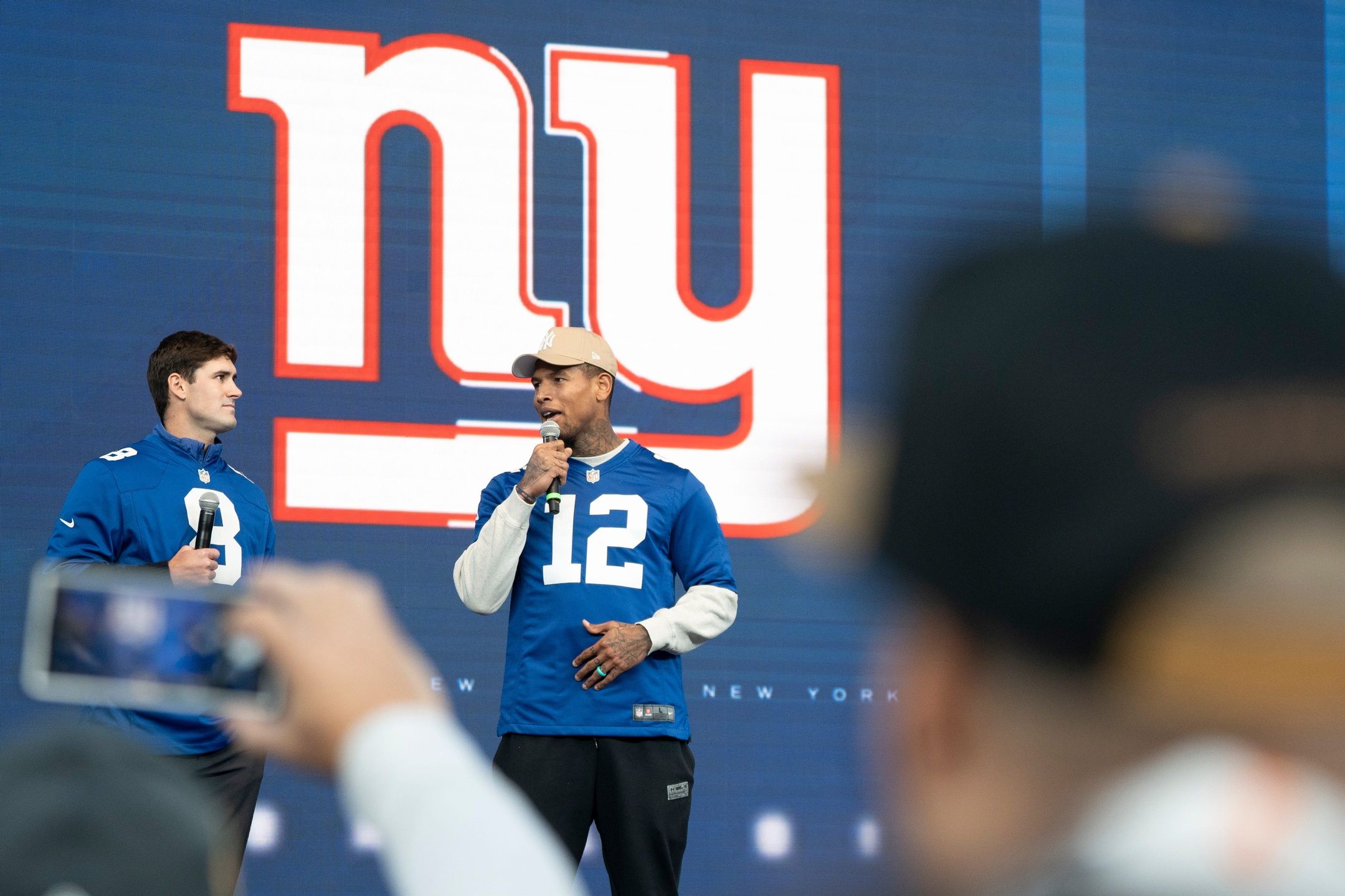 Giants #8 Daniel Jones and #12 Darren Waller during an NFL draft party for Giants and Jets fans at MetLife Stadium in East Rutherford on Thursday, April 27, 2023.