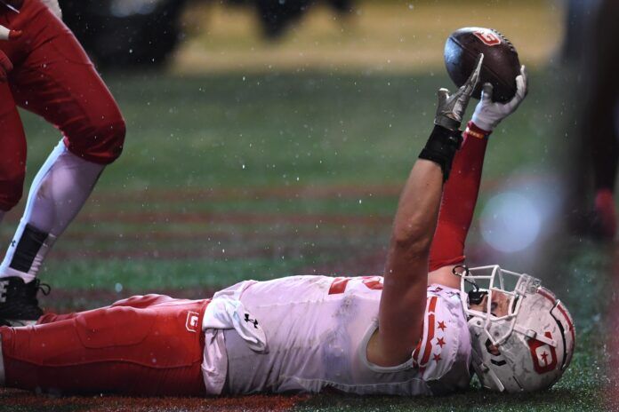 DC Defenders tight end Ethan Wolf (82) reacts after scoring a two-point conversion.