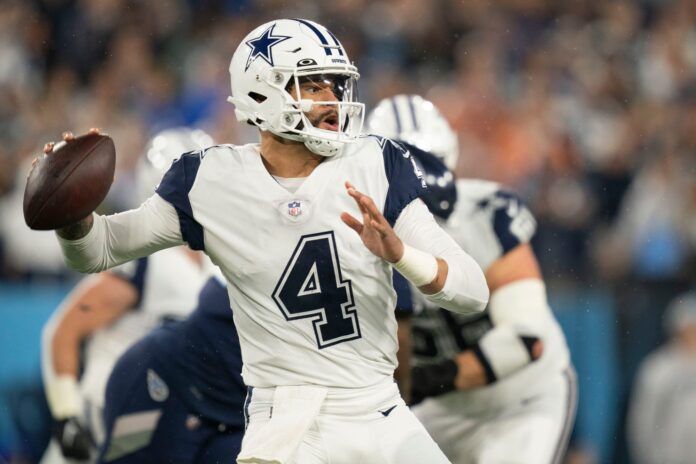 Dallas Cowboys QB Dak Prescott (4) winds back to pass.