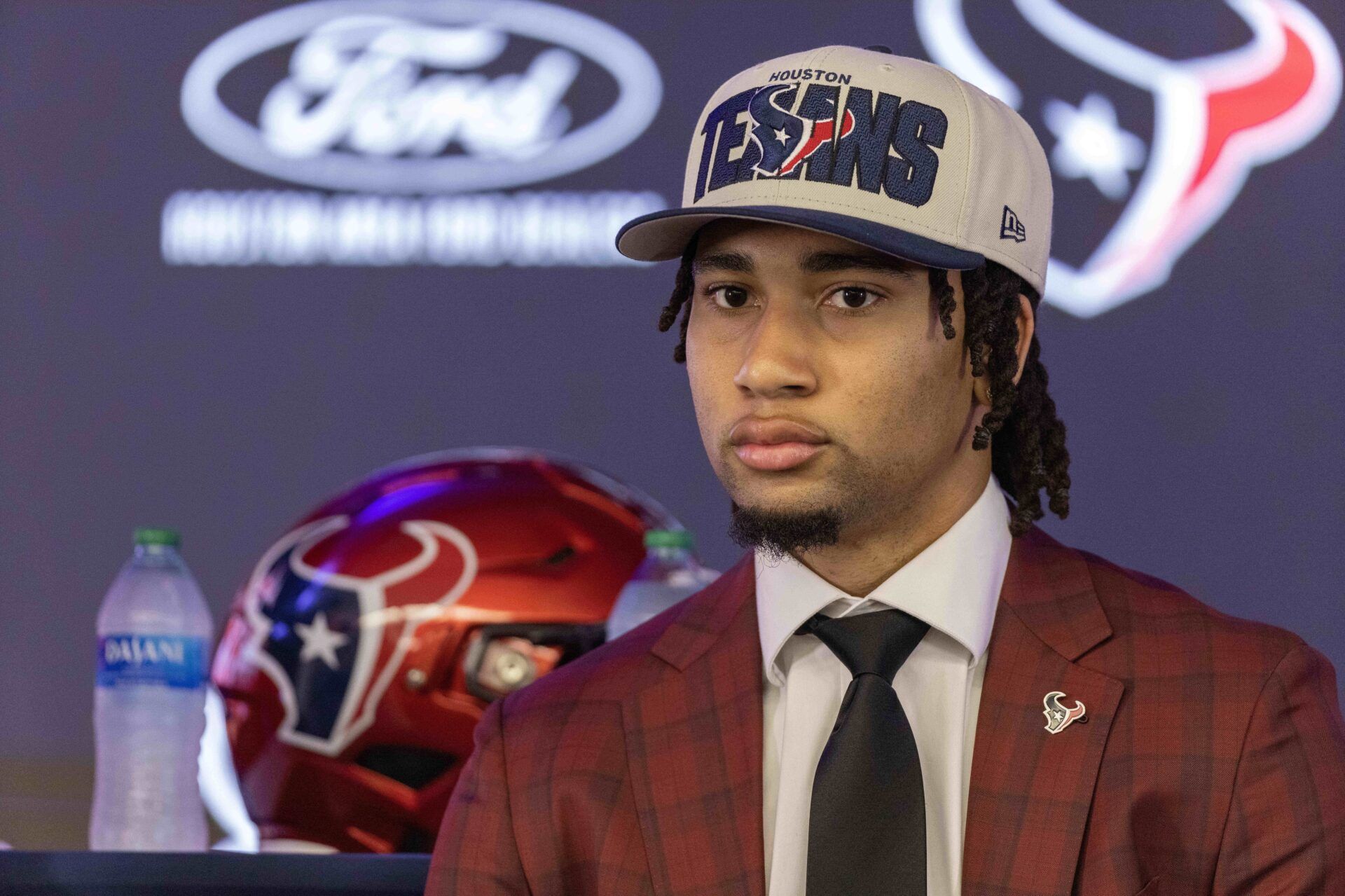 Houston Texans quarterback CJ Stroud, second overall pick in the 2023 NFL Draft, listens to a question at a press conference at NRG Stadium.