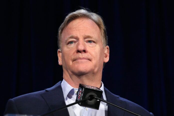 Roger Goodell speaks during the Super Bowl 57 Winning Team Head Coach and MVP press conference at the Phoenix Convention Center.