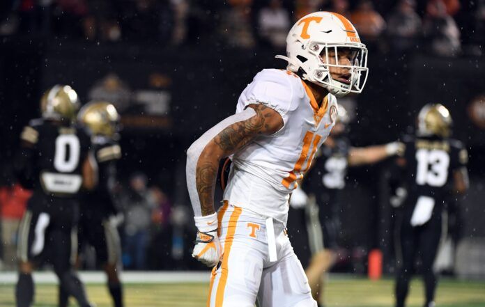 Jalin Hyatt (11) after a first down catch during the first half against the Vanderbilt Commodores at FirstBank Stadium.