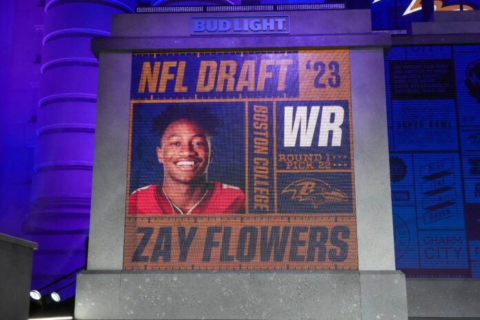 Zay Flowers is selected by the Baltimore Ravens twenty second overall in the first round of the 2023 NFL Draft at Union Station.