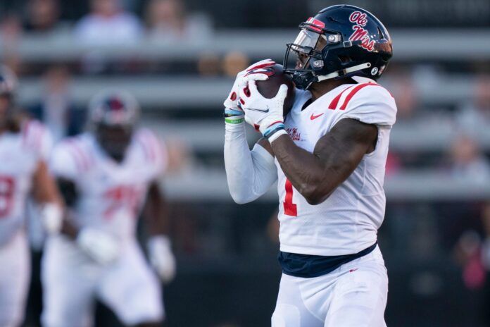 Jonathan Mingo (1) pulls in a 71 yard touchdown pass against Vanderbilt during the third quarter at FirstBank Stadium.