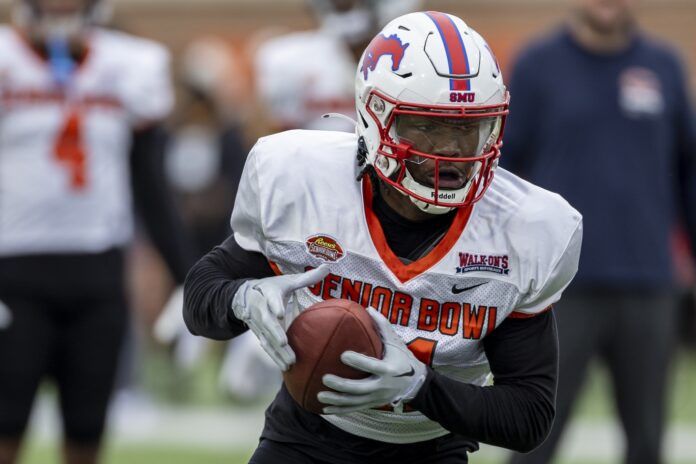 Rashee Rice of SMU (11) practices during the third day of Senior Bowl week at Hancock Whitney Stadium in Mobile.