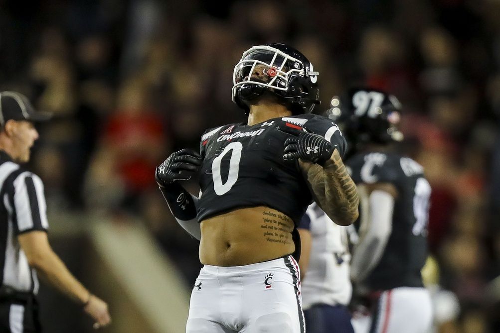 Cincinnati Bearcats linebacker Ivan Pace Jr. (0) reacts after sacking Navy Midshipmen quarterback Xavier Arline (not pictured) in the second half at Nippert Stadium.