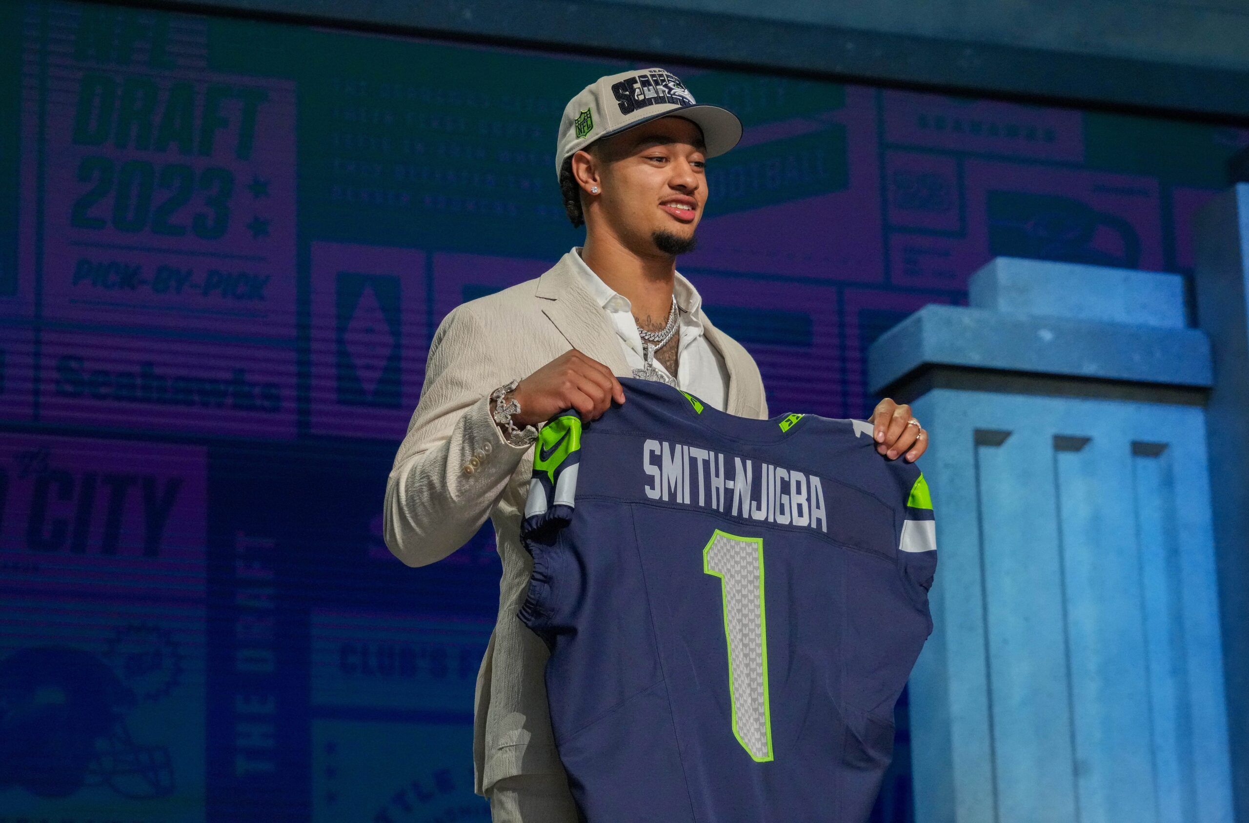 Ohio State wide receiver Jaxon Smith-Njigba on stage after being selected by the Seattle Seahawks twentieth overall.