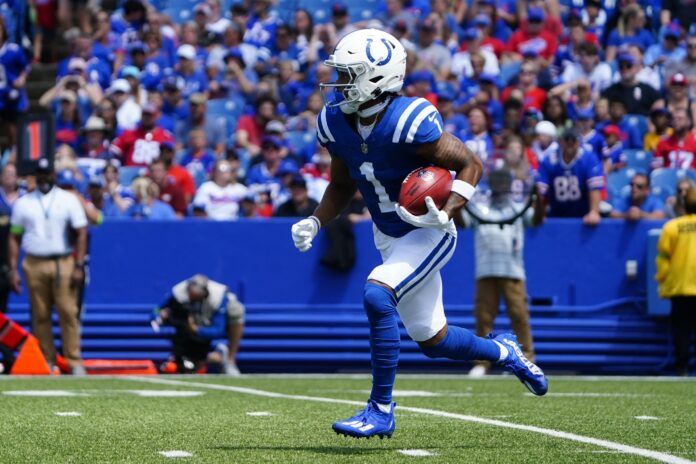 Josh Downs (1) returns a kick against the Buffalo Bills during the first half at Highmark Stadium.