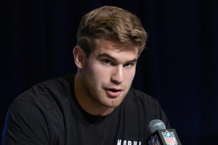 Michael Mayer (TE10) speaks to the press at the NFL Combine at Lucas Oil Stadium.