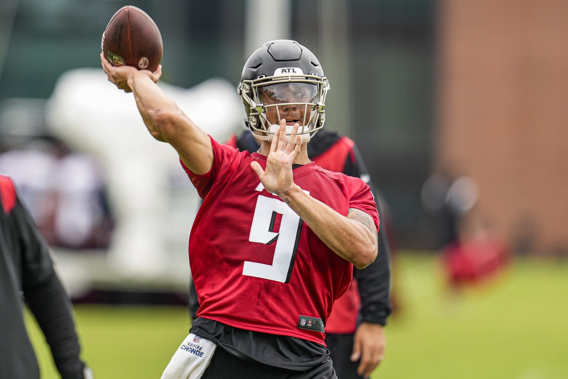 Desmond Ridder (9) passes during minicamp at IBM Performance Field.