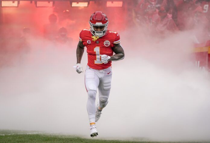 Jerick McKinnon (1) is introduced prior to an AFC divisional round game at GEHA Field at Arrowhead Stadium.