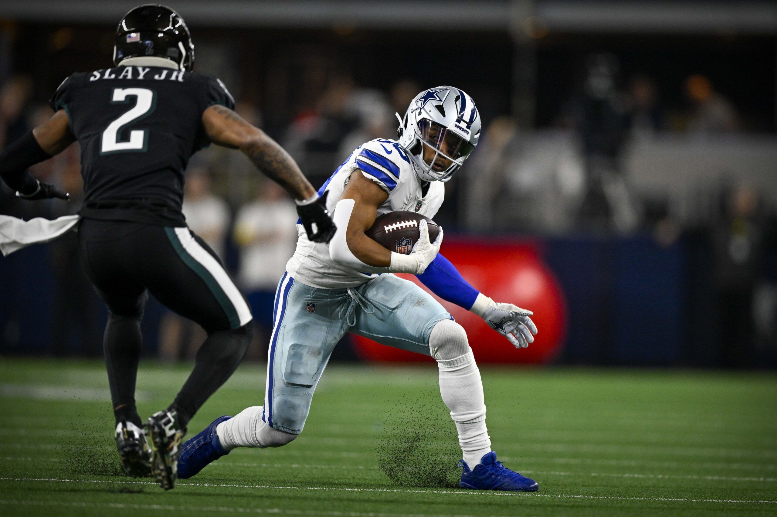 Tony Pollard (20) and Philadelphia Eagles cornerback Darius Slay (2) in action during the game between the Dallas Cowboys and the Philadelphia Eagles.