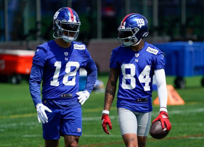 Jalin Hyatt on the field for the first day of mandatory minicamp at the Giants training center in East Rutherford.