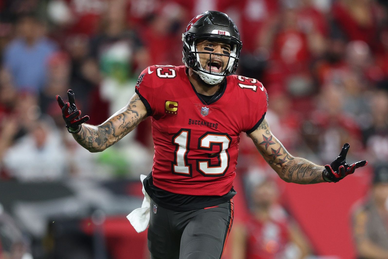 Mike Evans (13) reacts after a flag against the New Orleans Saints in the fourth quarter at Raymond James Stadium.