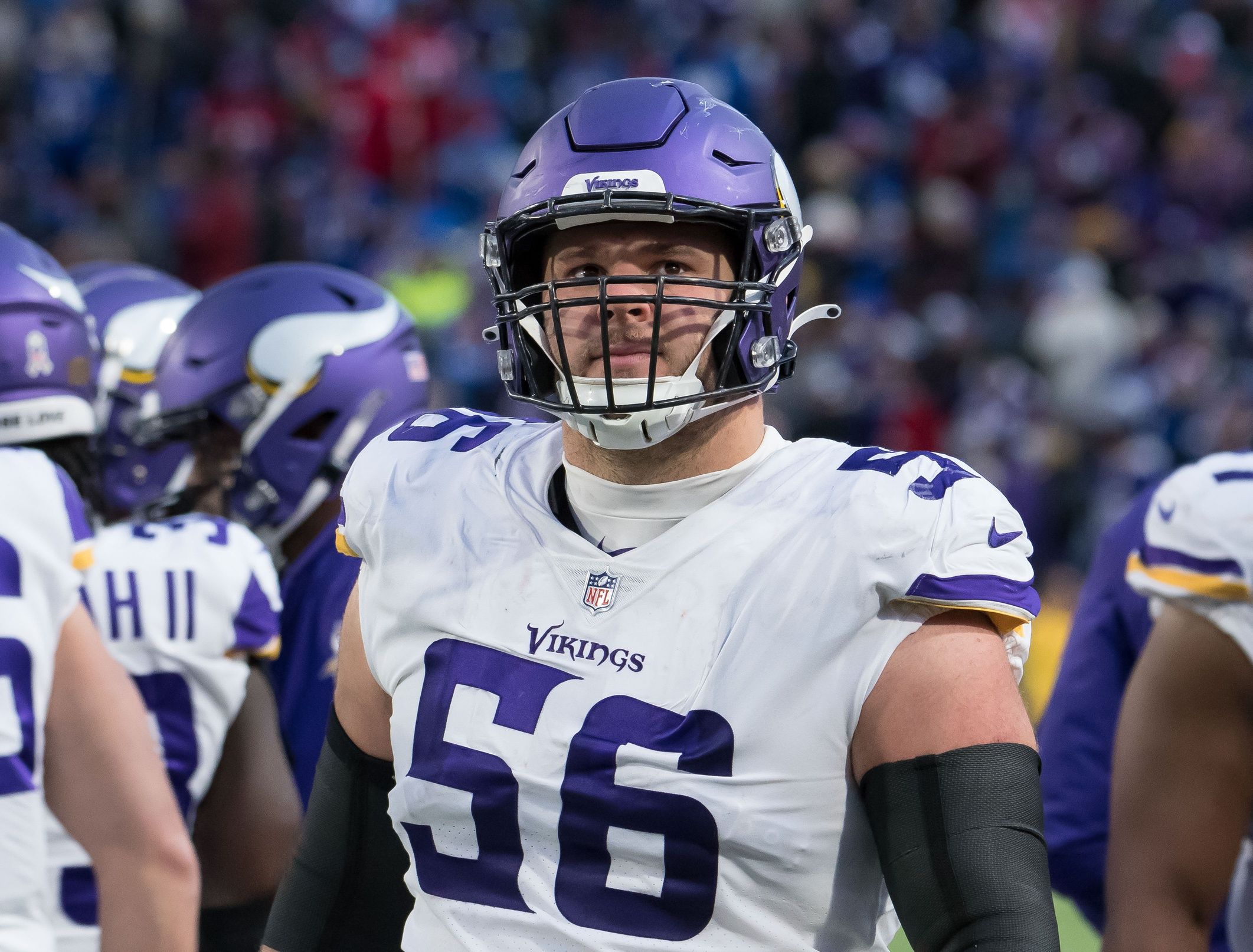 Garrett Bradbury (56) on the sidelines during a game against the Buffalo Bills at Highmark Stadium.