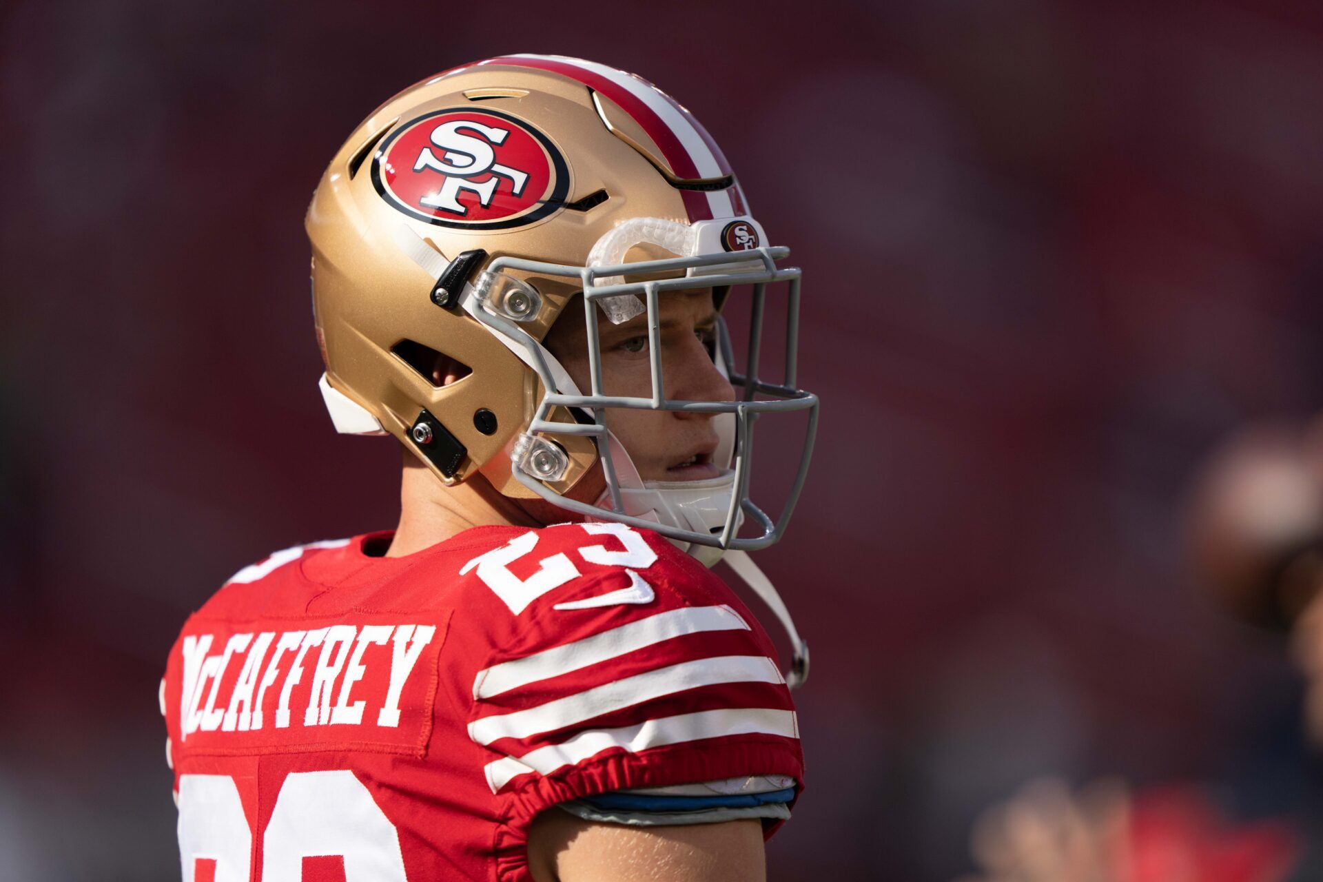Christian McCaffrey (23) during warmups before the start of the first quarter against the Washington Commanders at Levi's Stadium.