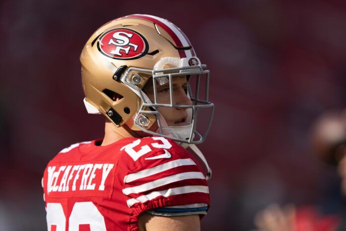 Christian McCaffrey (23) during warmups before the start of the first quarter against the Washington Commanders at Levi's Stadium.