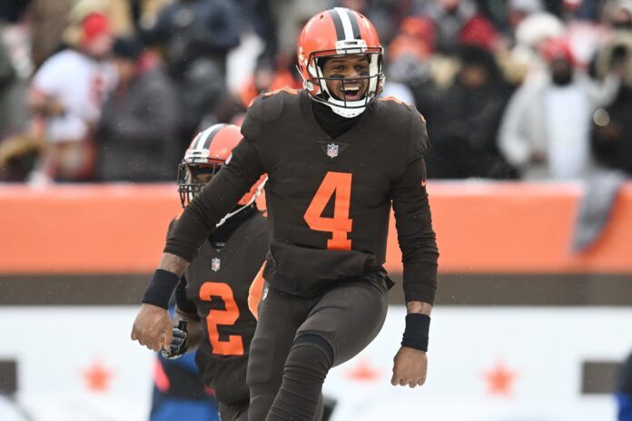 Deshaun Watson (4) celebrates after scoring a touchdown during the first half against the New Orleans Saints at FirstEnergy Stadium.