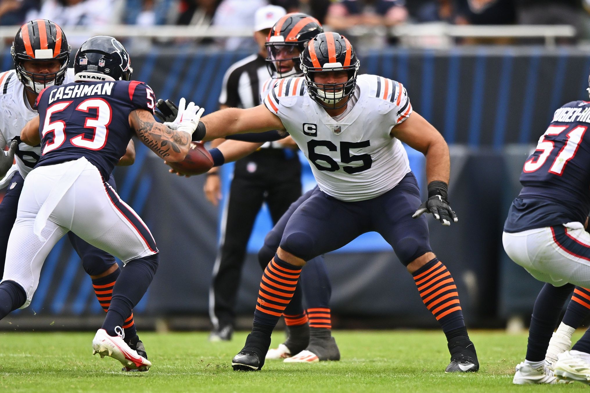 Cody Whitehair (65) blocks against the Houston Texans at Soldier Field.