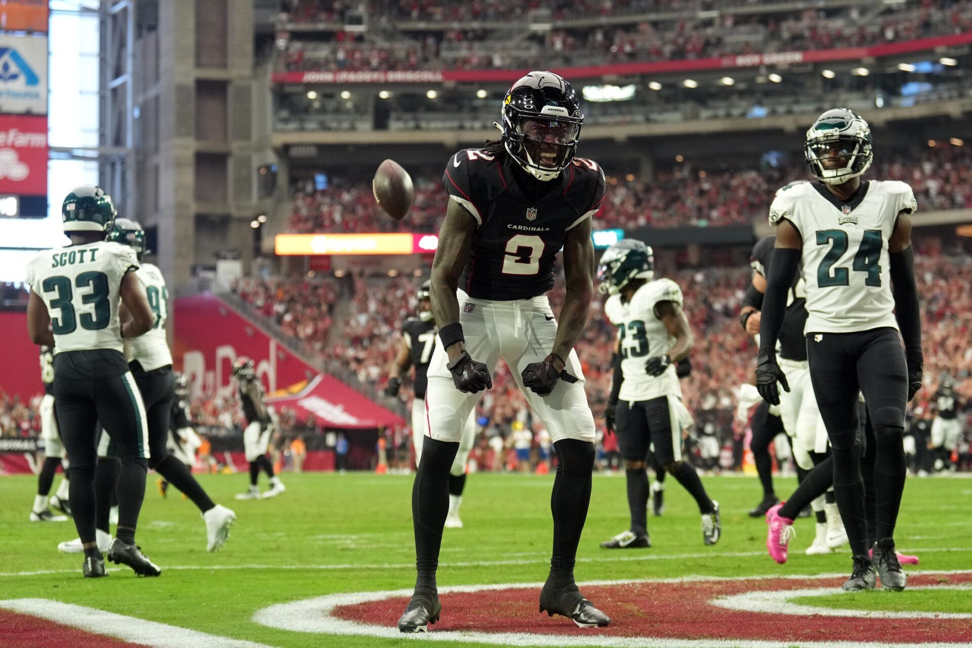 Marquise Brown (2) celebrates a touchdown against the Philadelphia Eagles during the first half at State Farm Stadium.